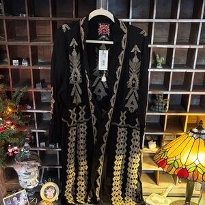 Johnny Was Black Cardigan/ Duster with Gold Embroidery